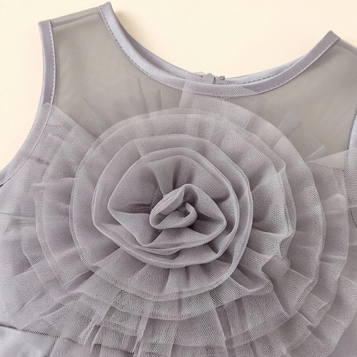 Girls Grey Floral Applique High Low Sleeveless Party Wear Dress