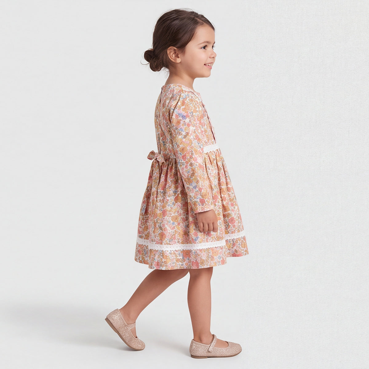 Girls Multicolor Floral Print Long Sleeve Dress
