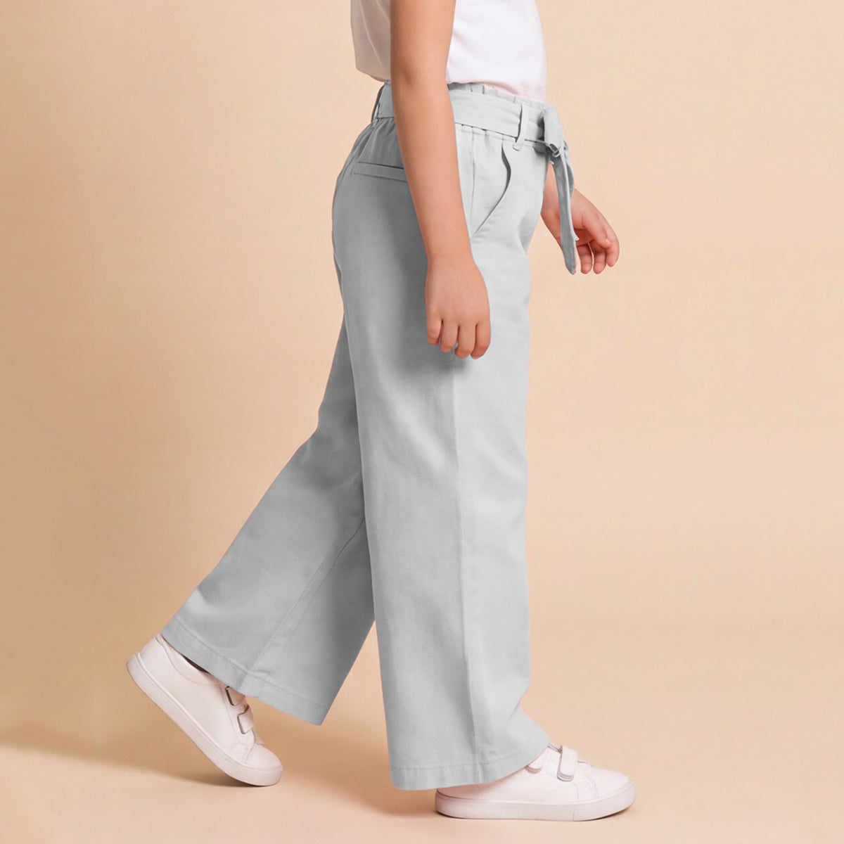 Girls Beige Elasticated Trouser With Fabric Belt