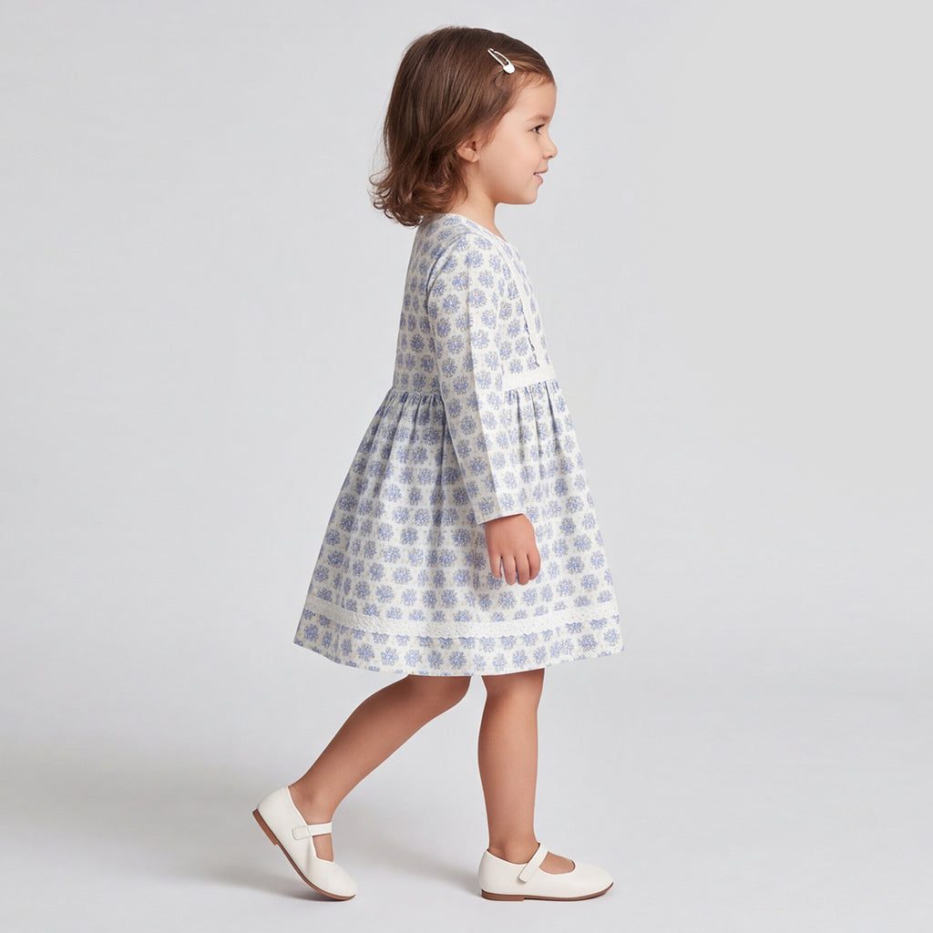 Girls Blue Printed Long Sleeve Dress