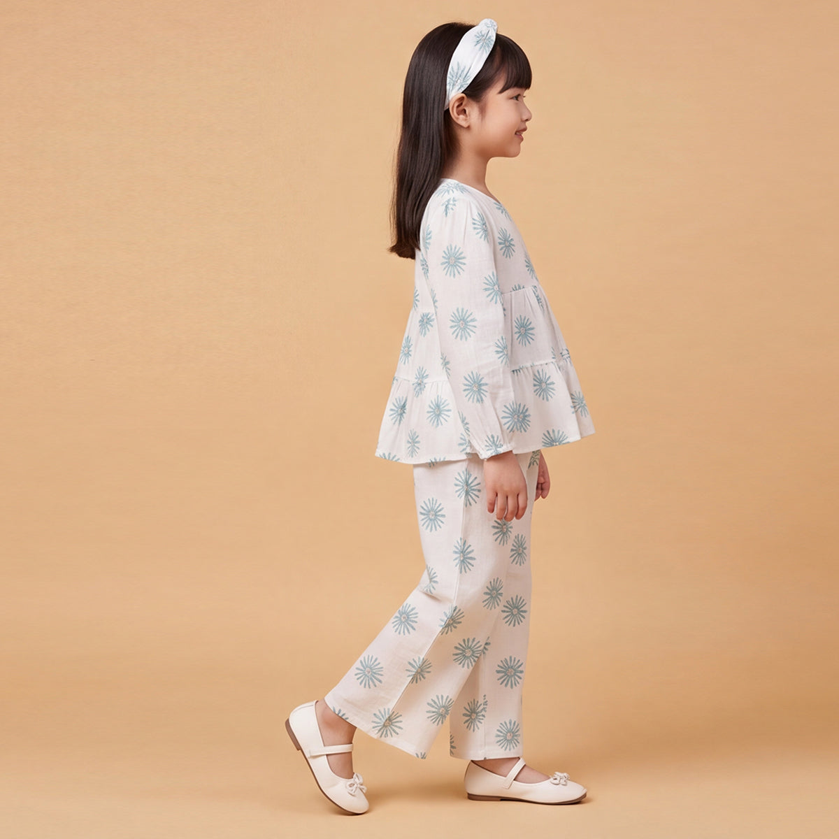 Girls White Printed Long Sleeve Top With Elasticated Pants & Headband Sets