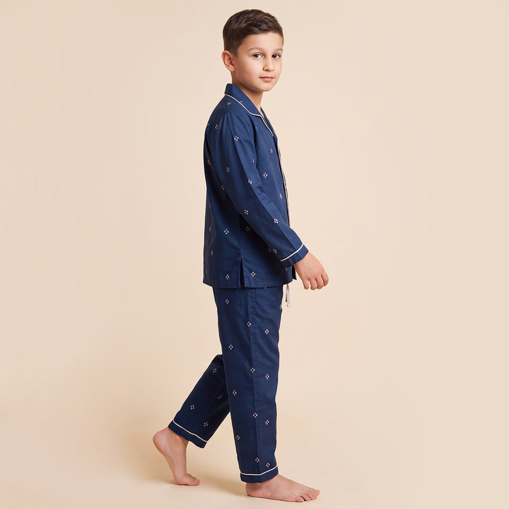 Boys Navy Pajama Set: Long Sleeve Shirt and Elasticated Pants Sleepwear