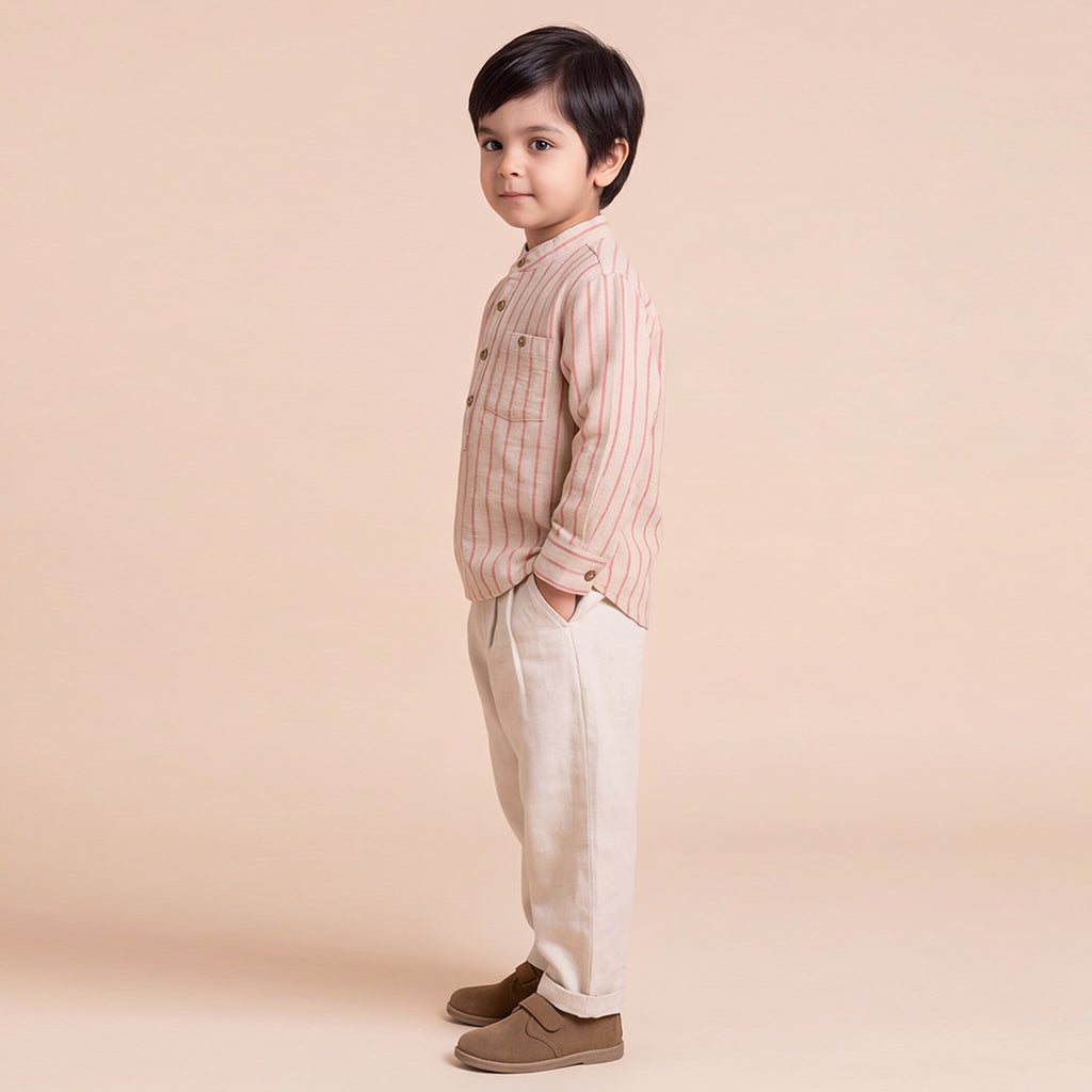 Boys Khaki Mandarin Collar Striped Shirt & Elasticated Trouser Set