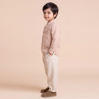 Boys Khaki Mandarin Collar Striped Shirt & Elasticated Trouser Set