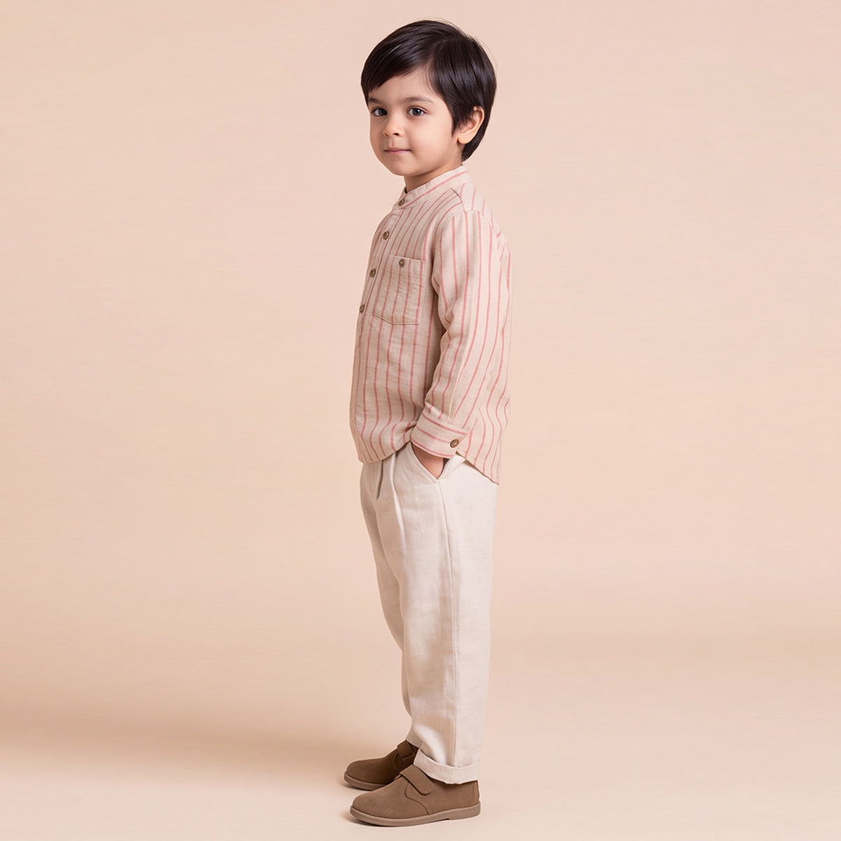 Boys Khaki Mandarin Collar Striped Shirt & Elasticated Trouser Set
