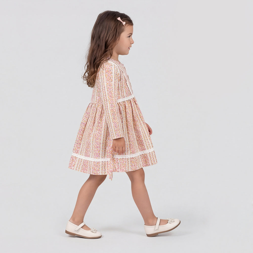 Girls Pink Floral Print Long Sleeve Dress