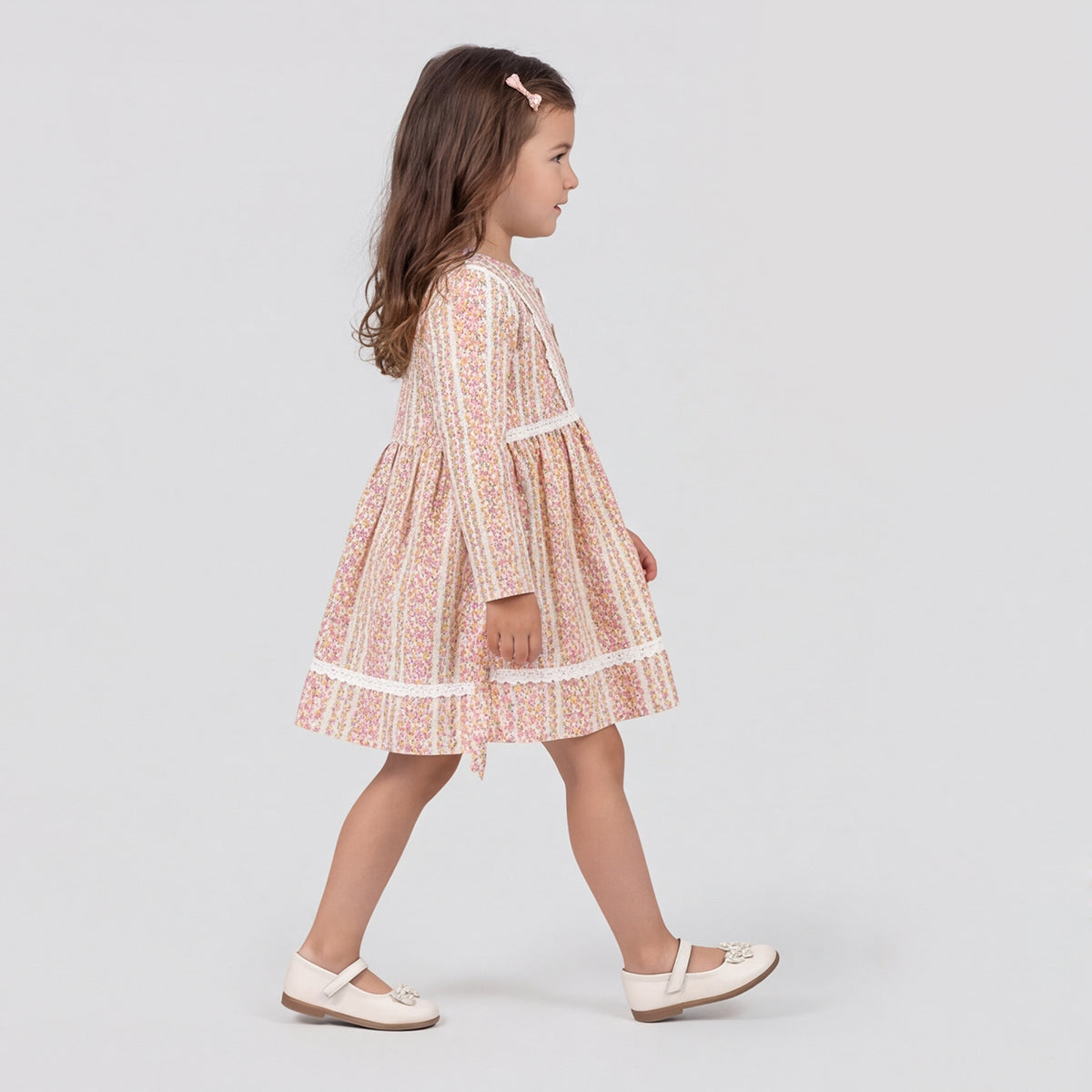 Girls Pink Floral Print Long Sleeve Dress