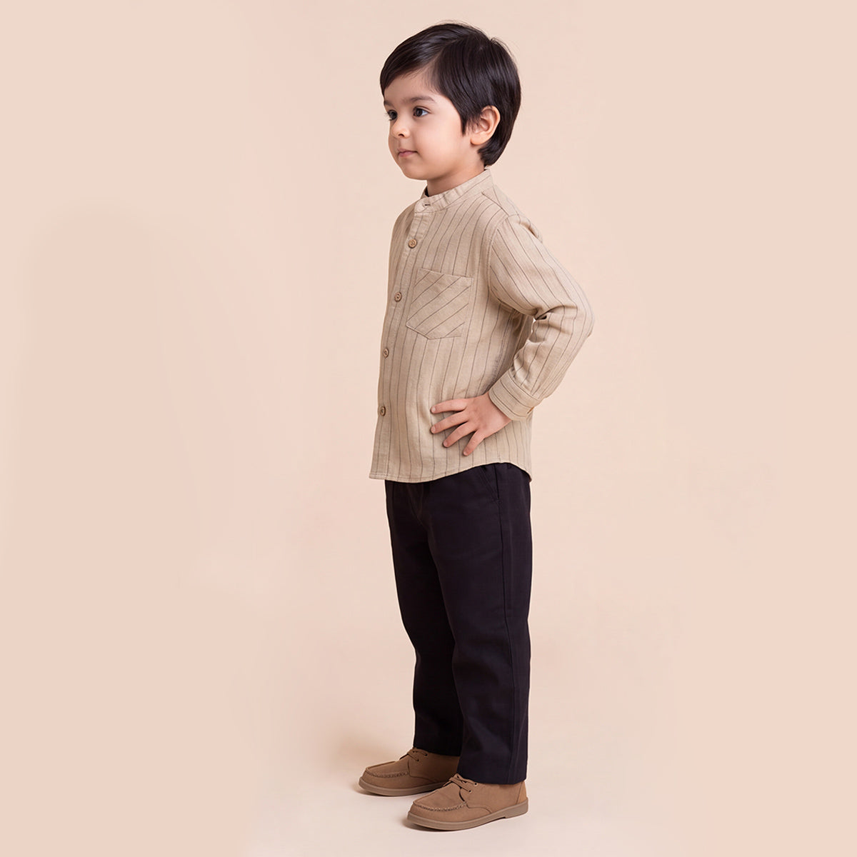 Boys Light Brown Mandarin Collar Striped Shirt & Elasticated Trouser Set