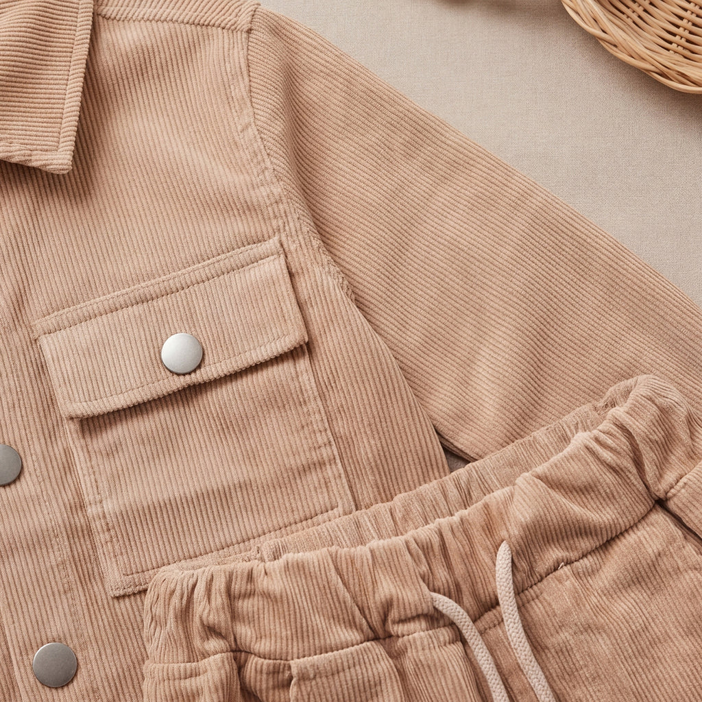 Boys Peach Cotton Corduroy Shirt With Trousers Set