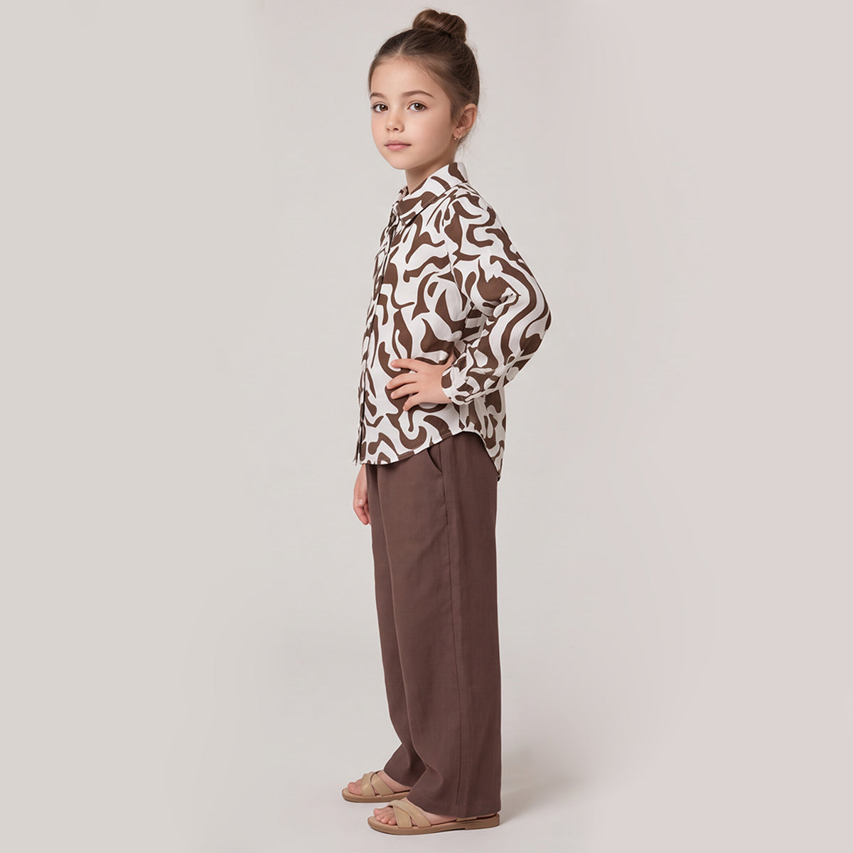 Girls Brown Printed Long Sleeve Shirt and Elasticated Pants Set