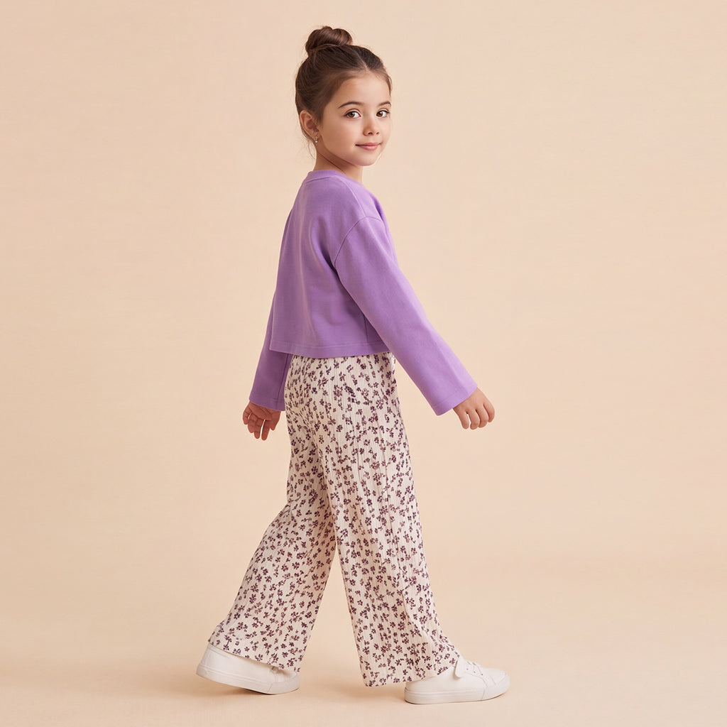 Girls Lilac Long Sleeve Top With Ditsy Print Trousers Set