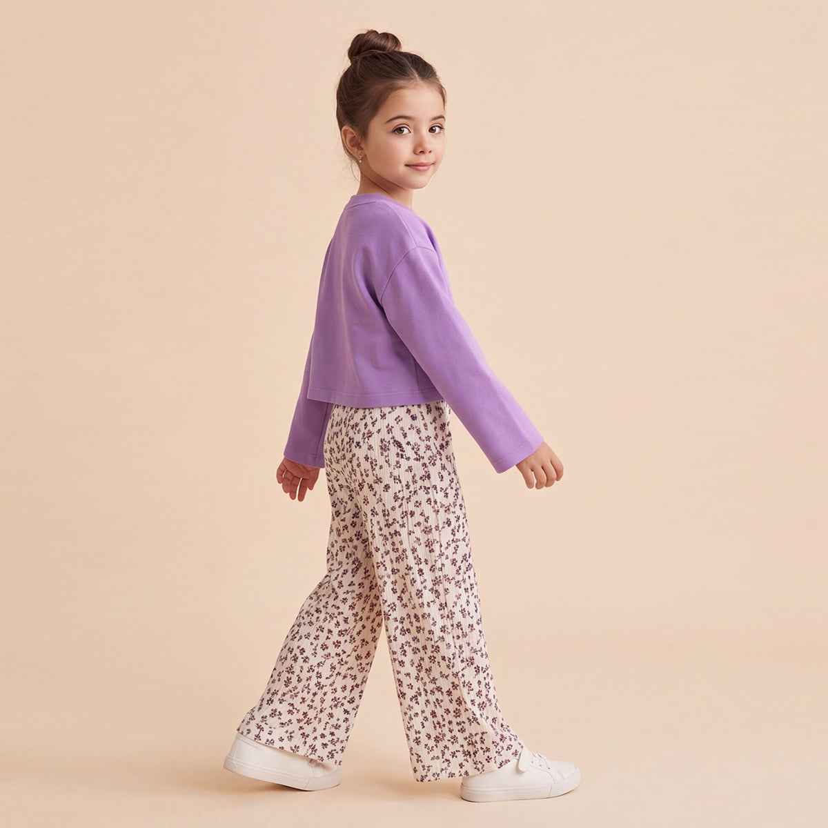 Girls Lilac Long Sleeve Top With Ditsy Print Trousers Set