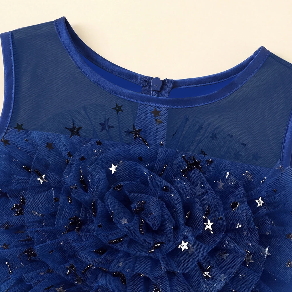 Girls Navy Blue Floral Applique High Low Sleeveless Party Wear Dress