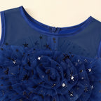 Girls Navy Blue Floral Applique High Low Sleeveless Party Wear Dress