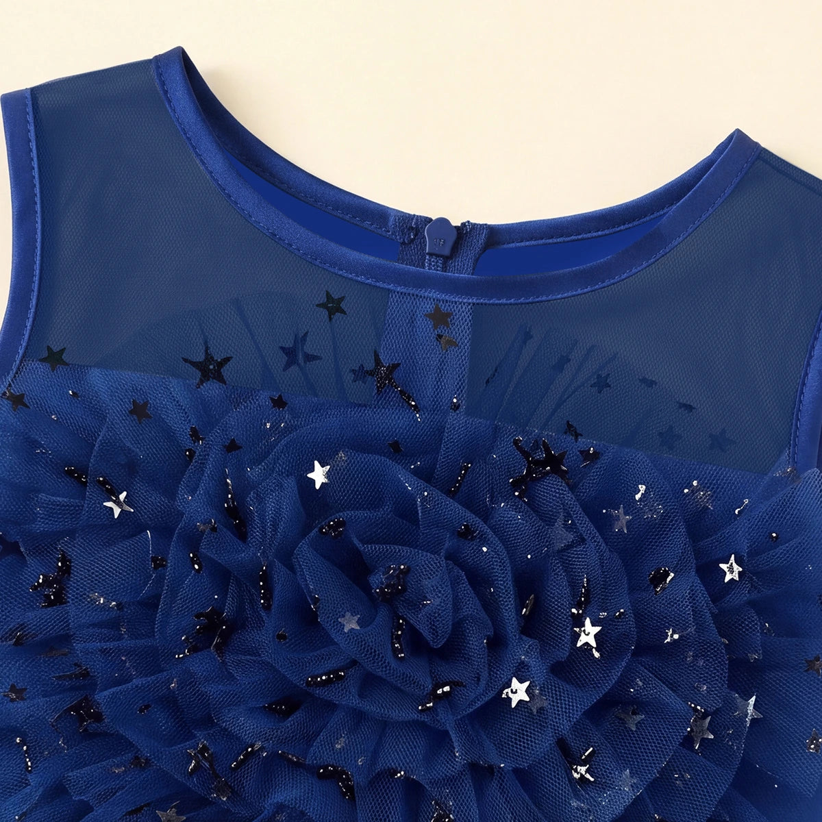 Girls Navy Blue Floral Applique High Low Sleeveless Party Wear Dress