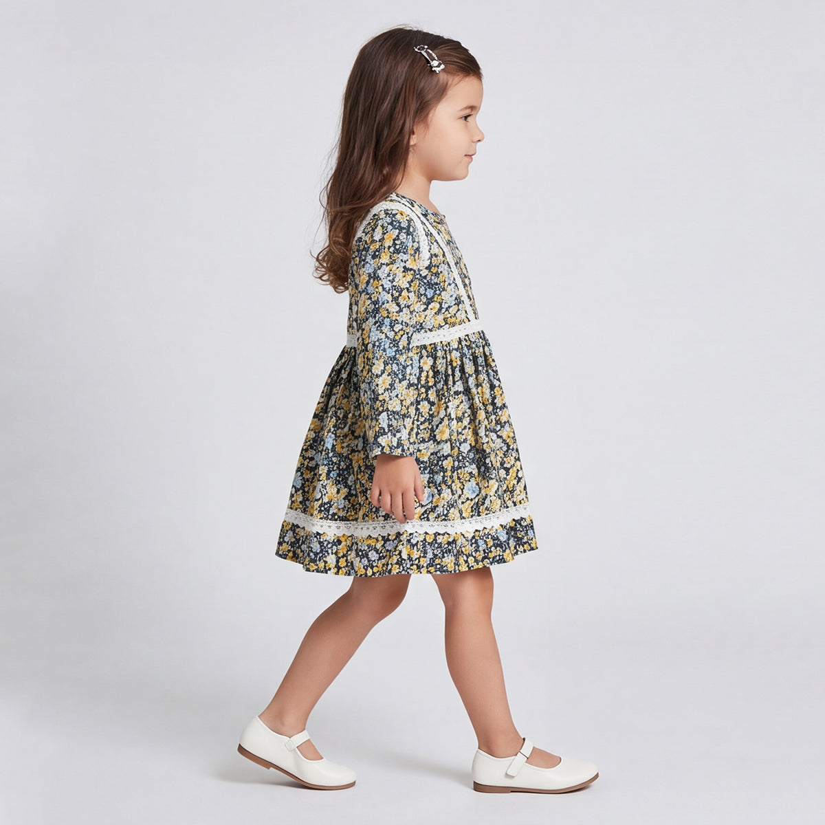 Girls Navy Floral Print Long Sleeve Dress