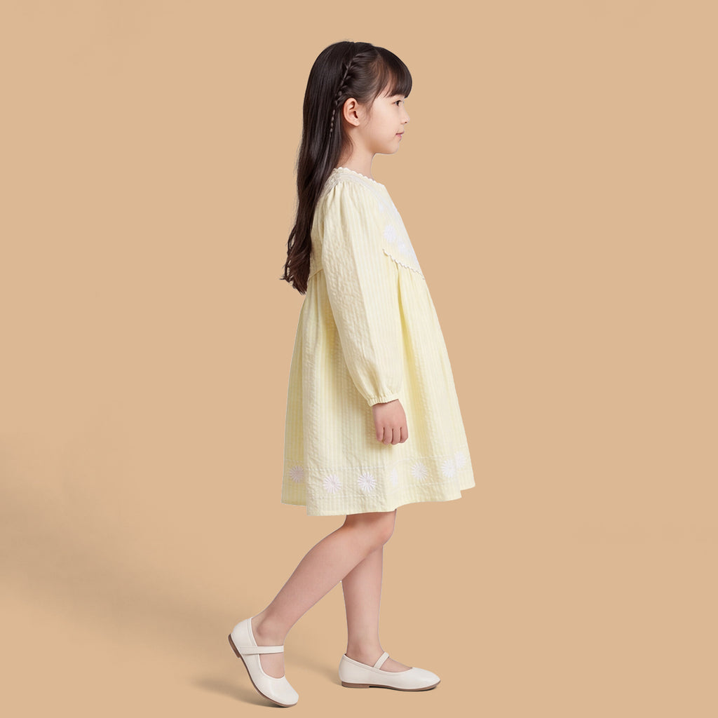 Girls Light Yellow Embroidered Long Sleeve A-Line Dress