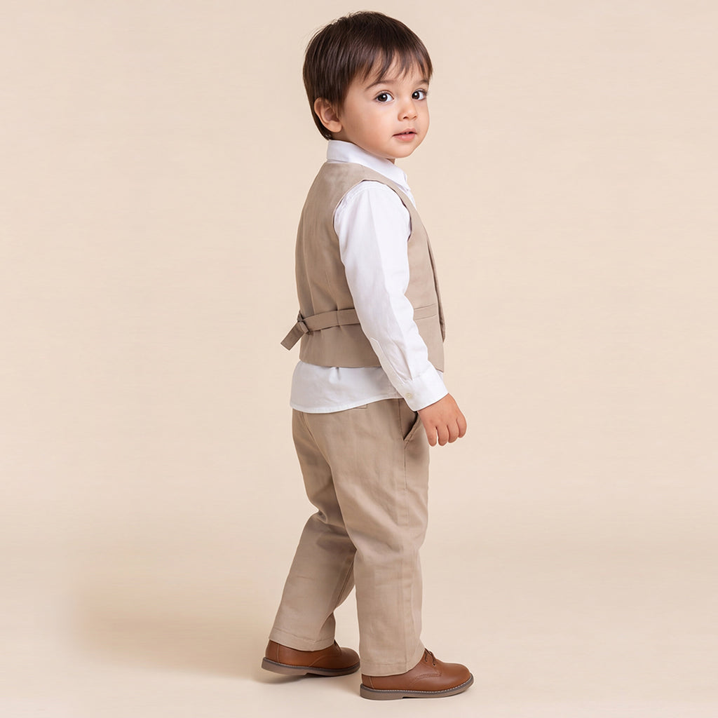 Toddler Boys Khaki 3Pcs Outfit Set Shirt with Waist Coat and Pants Suit