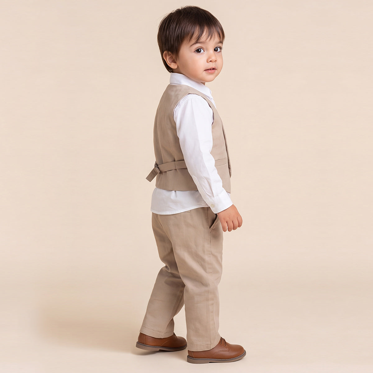 Toddler Boys Khaki 3Pcs Outfit Set Shirt with Waist Coat and Pants Suit