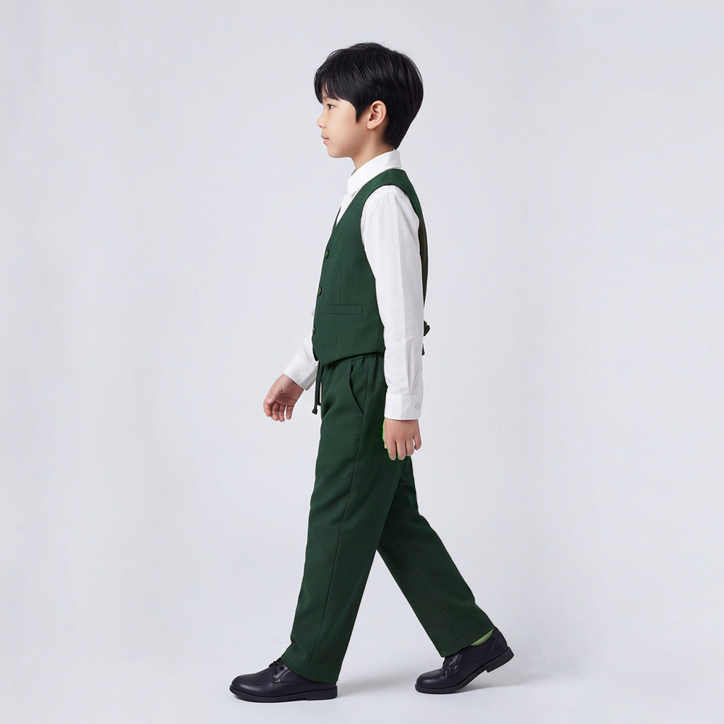 Toddler Boys Green 3Pcs Outfit Set Shirt with Waist Coat and Pants Suit