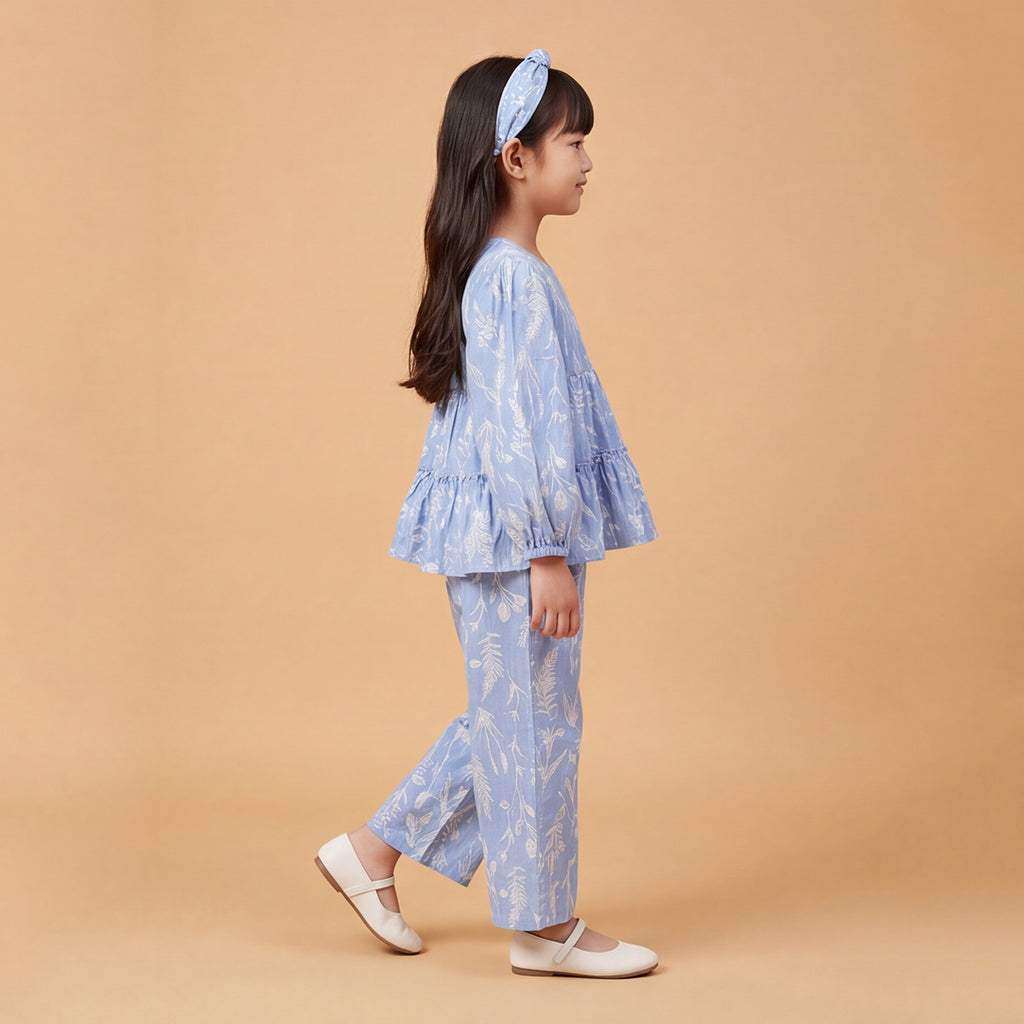 Girls Blue Printed Floral Long Sleeve Top With Elasticated Pants & Headband Sets