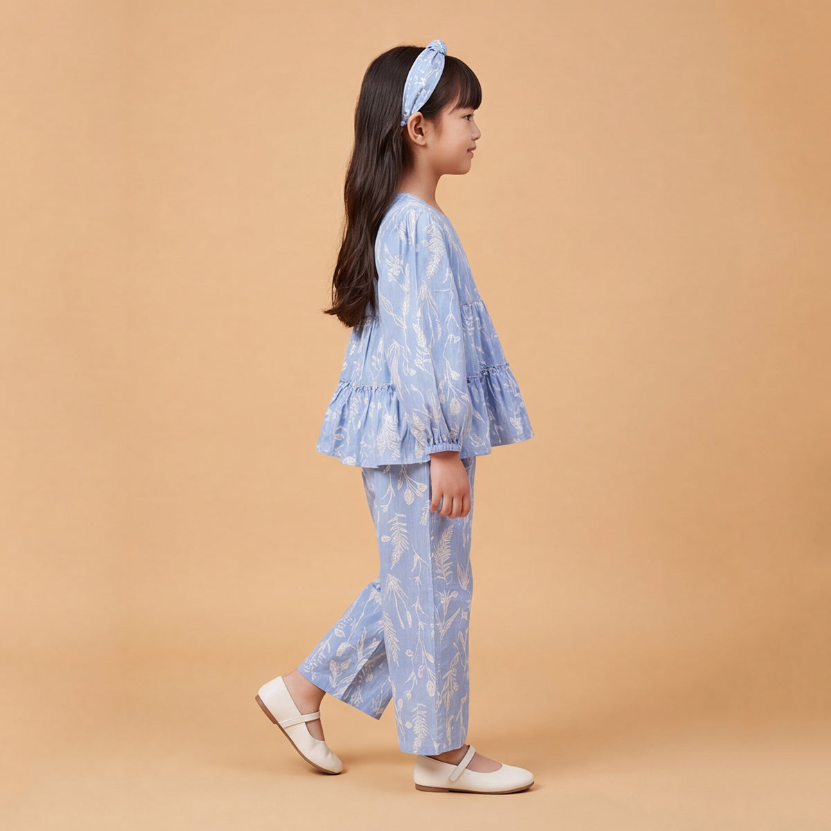 Girls Blue Printed Floral Long Sleeve Top With Elasticated Pants & Headband Sets