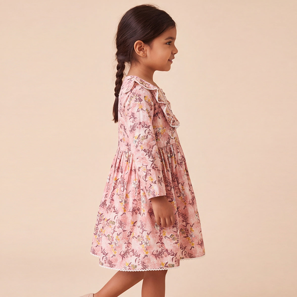 Girls Pink Floral Print Long Sleeve Dress