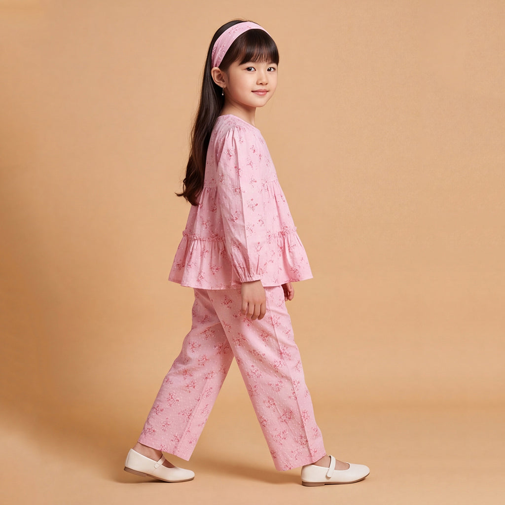 Girls Pink Printed Floral Long Sleeve Top With Elasticated Pants & Headband Sets