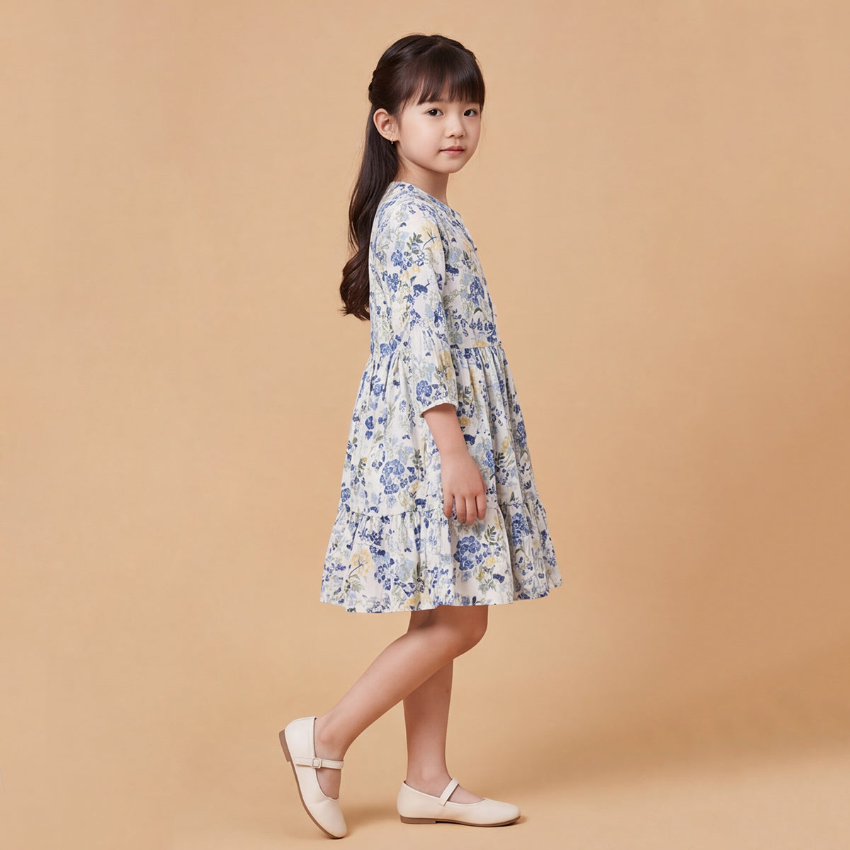 Girls Navy Floral Printed Long Sleeve Dress