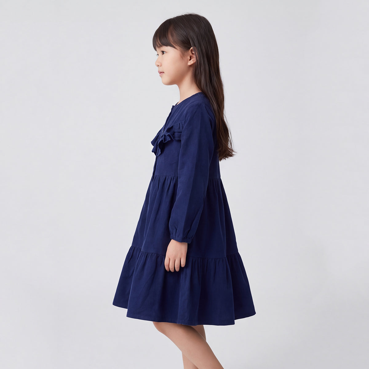 Girls Navy Long Sleeve Corduroy Fit & Flare Dress