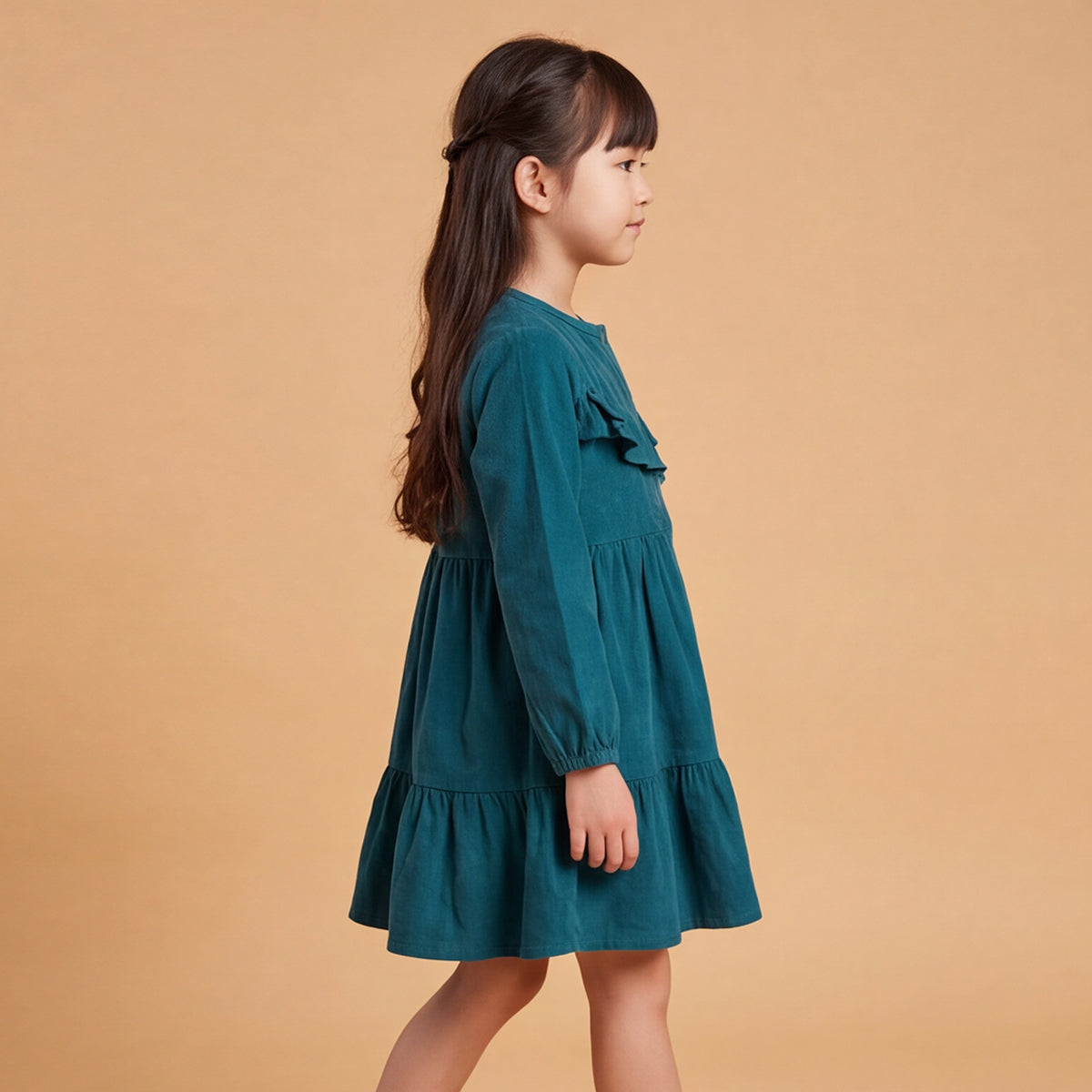 Girls Teal Green Long Sleeve Corduroy Fit & Flare Dress