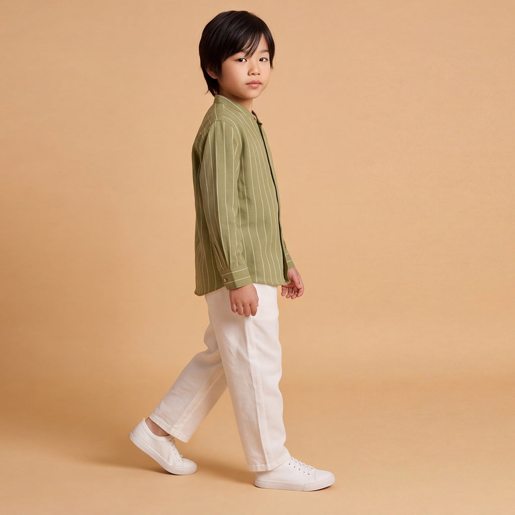 Boys Green Long Sleeve Stripes Shirt With Elasticated Trousers Set
