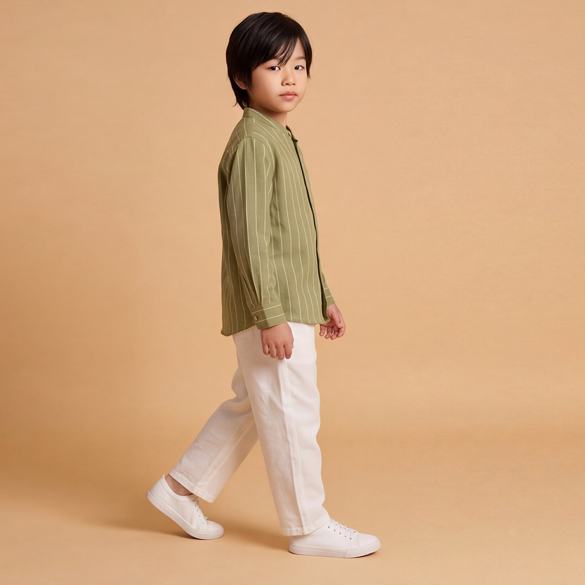 Boys Green Long Sleeve Stripes Shirt With Elasticated Trousers Set