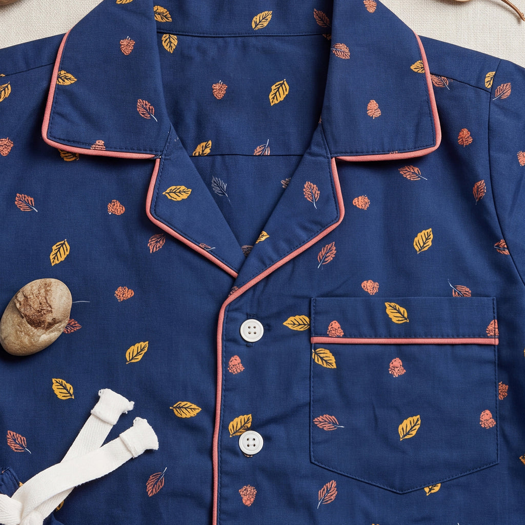 Boys Blue Leaf Printed Long Sleeve Shirt With Elasticated Pants Nightwear Sets