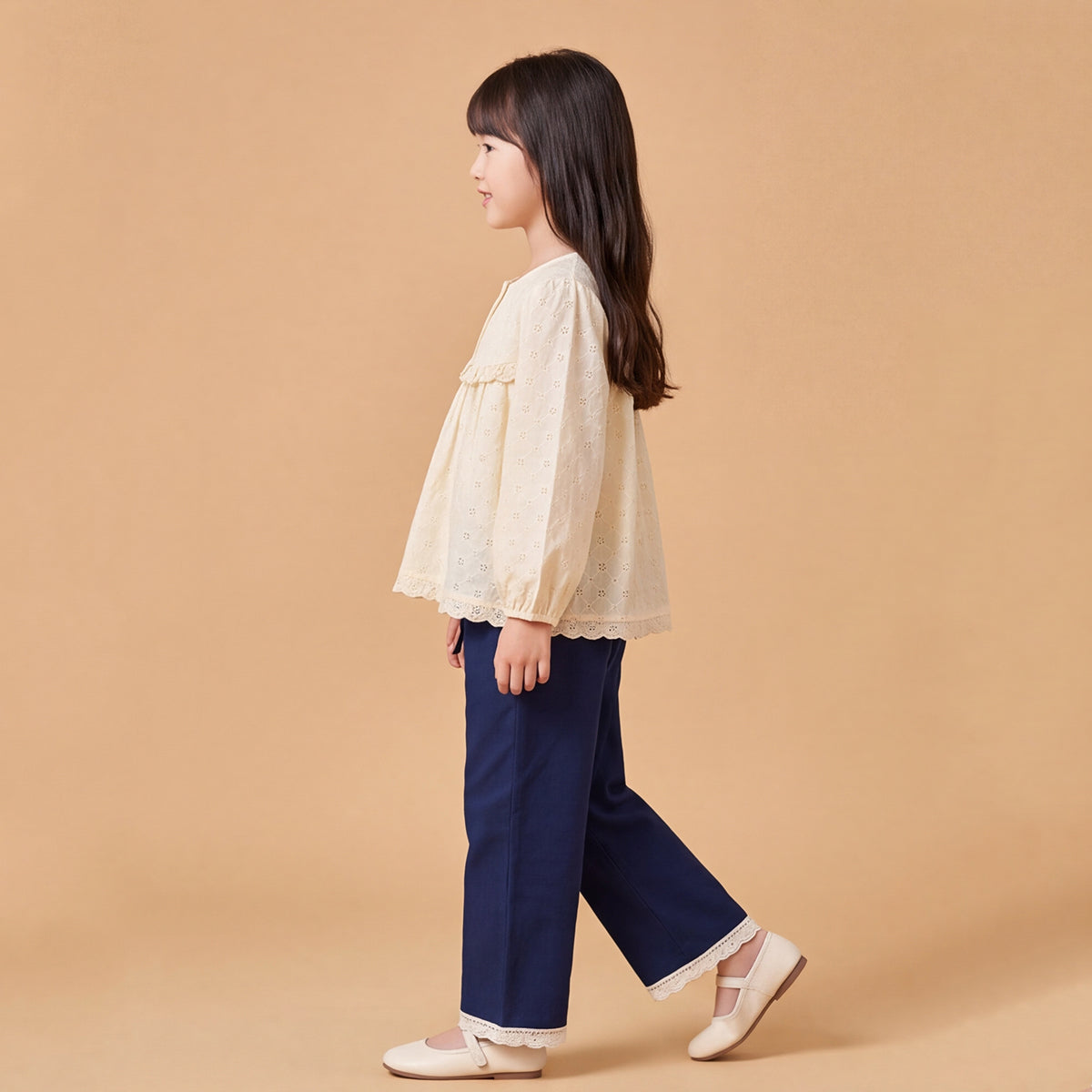 Girls Off White Embroidered Long Sleeve Top With Pants Sets