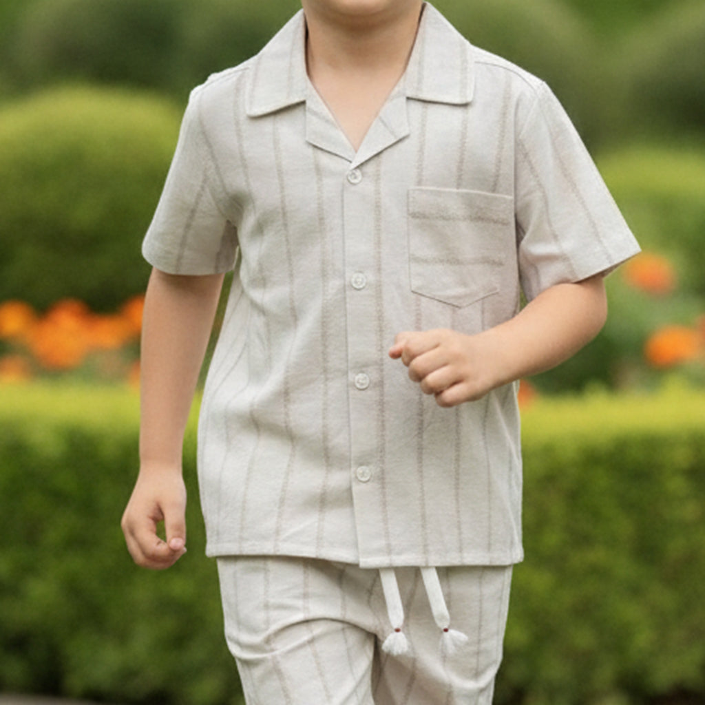 Boys Beige Short Sleeve Shirt With Drawcord Waist Shorts Sets