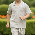 Boys Beige Short Sleeve Shirt With Drawcord Waist Shorts Sets