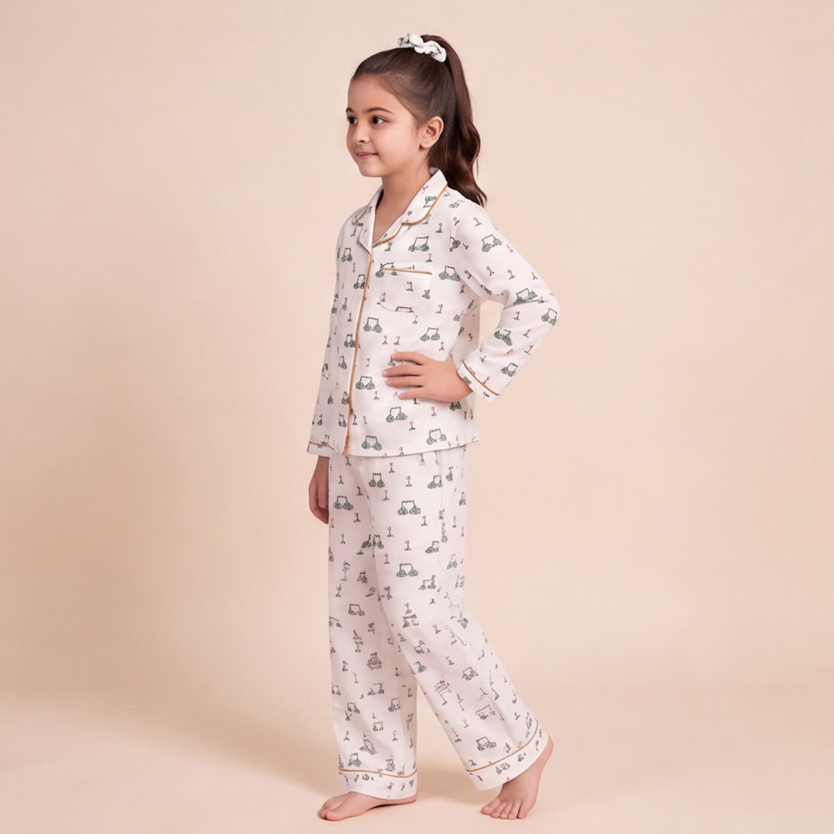 Girls White 3Pcs Pajama Set: Long Sleeve Shirt, Pajamas and Matching Stretched Hair Band