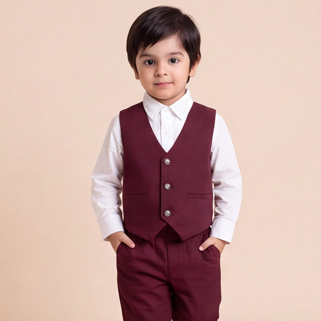 Toddler Boys Red 3Pcs Outfit Set Shirt with Waist Coat and Pants Suit