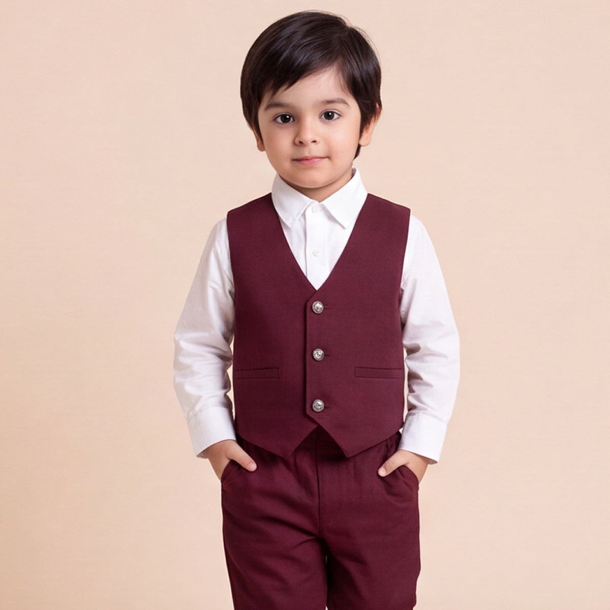 Toddler Boys Red 3Pcs Outfit Set Shirt with Waist Coat and Pants Suit