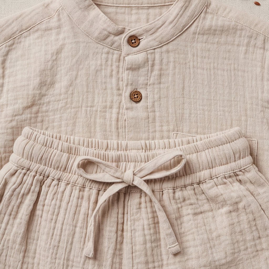 Boys Off White Mandarin collar Shirt With Elasticated Pants Set