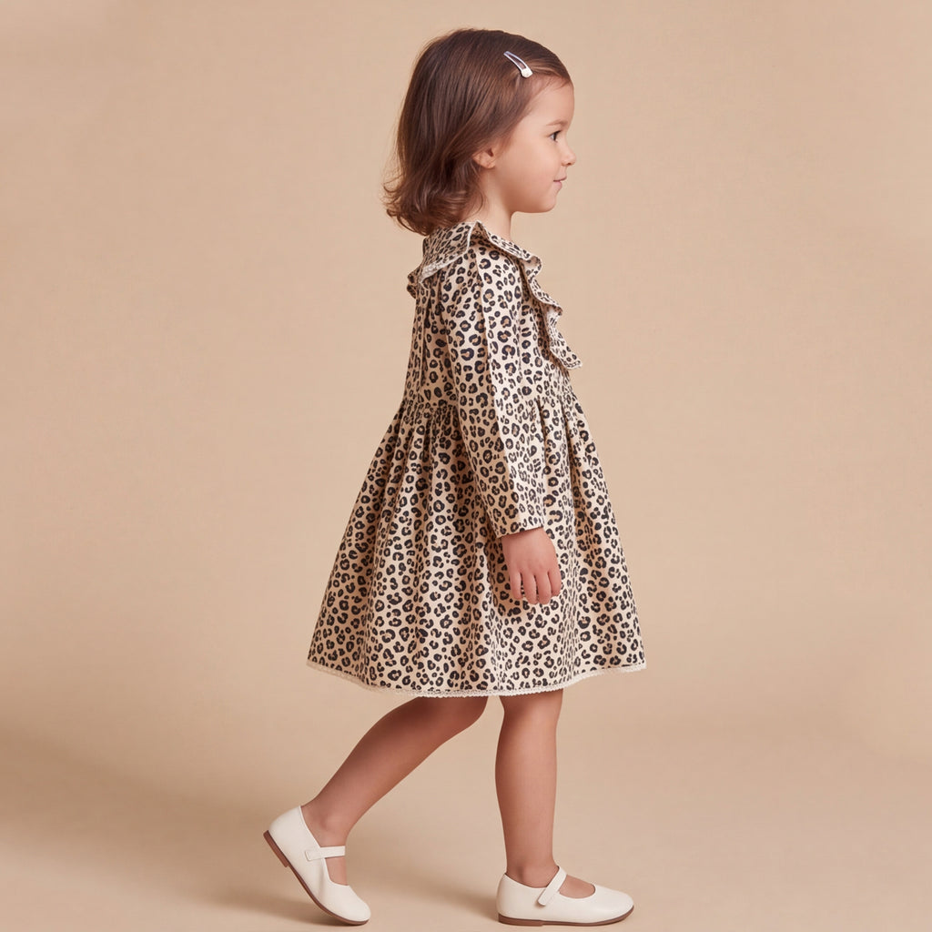 Girls White Animal Print Long Sleeve Dress