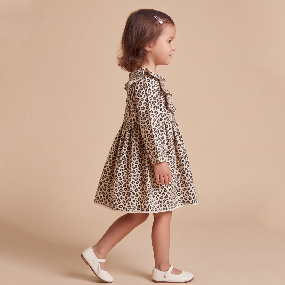 Girls White Animal Print Long Sleeve Dress