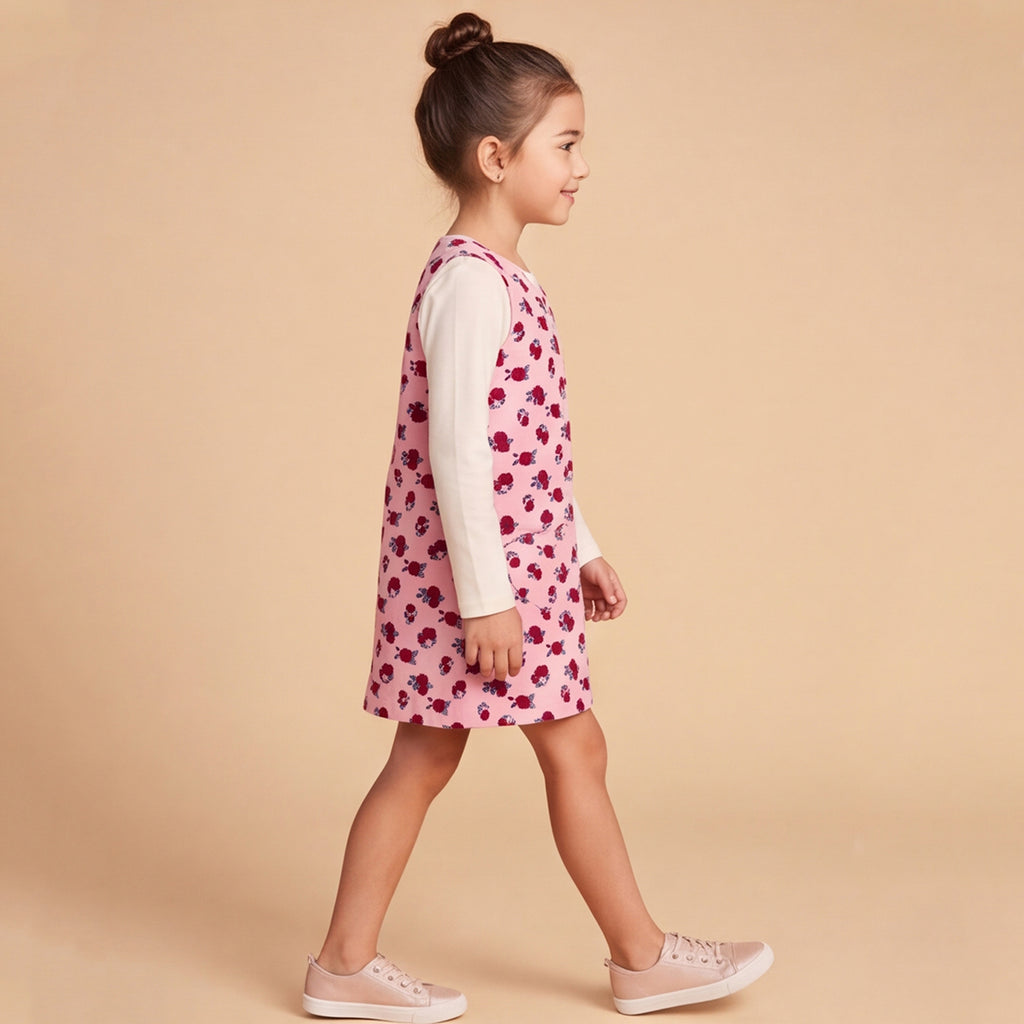 Girls Flower Printed A-Line Dress With Knitted T-Shirt