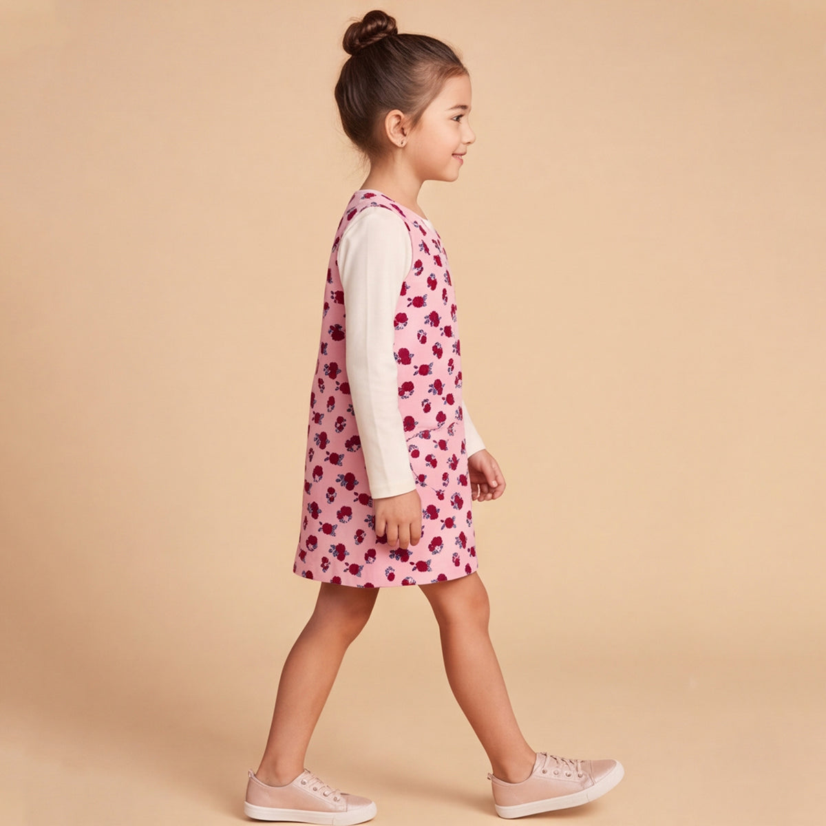 Girls Flower Printed A-Line Dress With Knitted T-Shirt