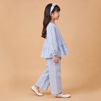 Girls Blue Printed Long Sleeve Top With Elasticated Pants & Headband Sets