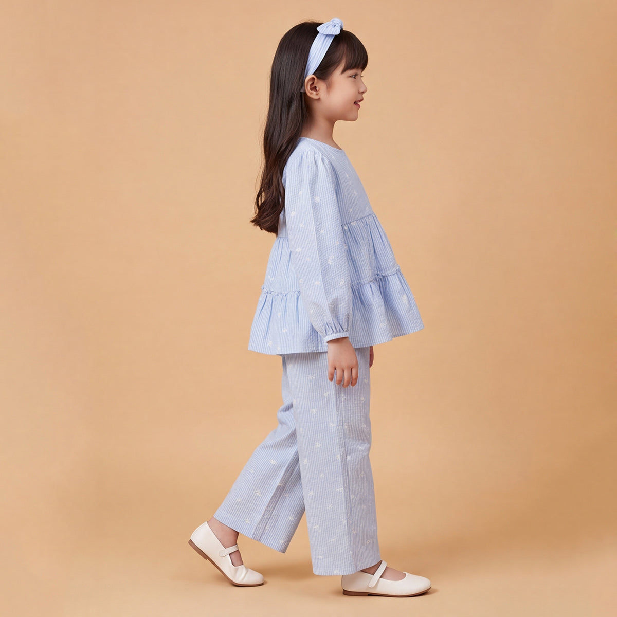 Girls Blue Printed Long Sleeve Top With Elasticated Pants & Headband Sets