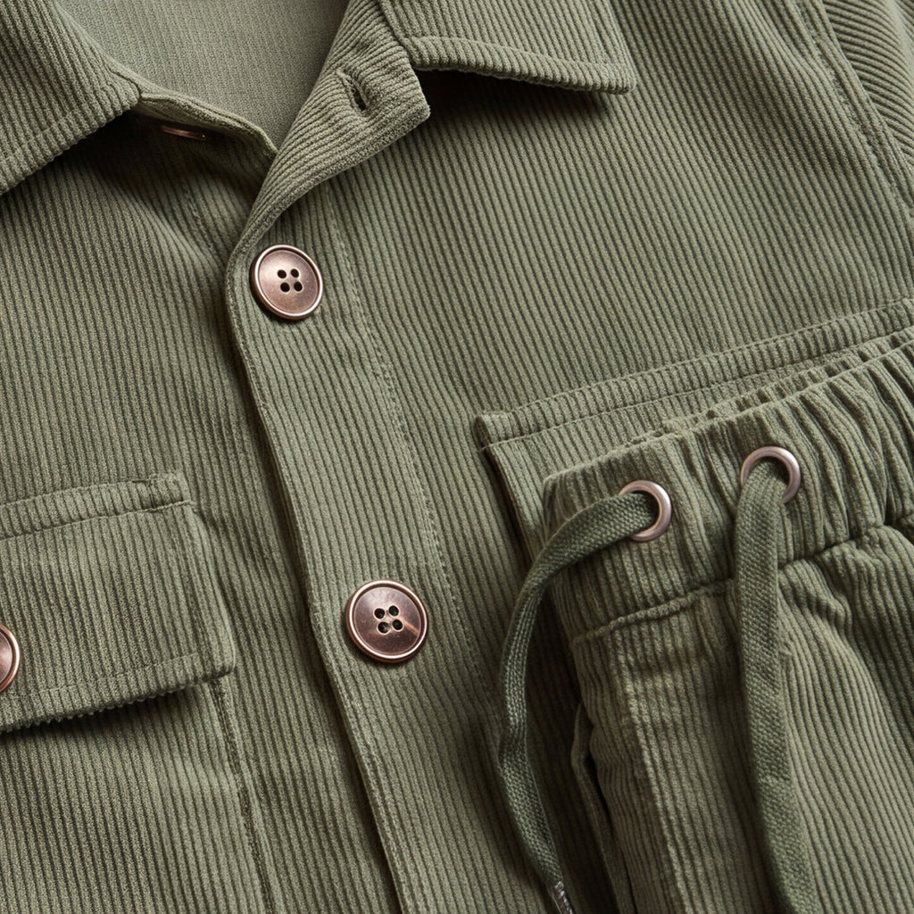 Boys Green Cotton Corduroy Shirt With Trousers Set