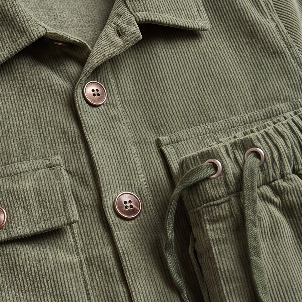 Boys Green Cotton Corduroy Shirt With Trousers Set