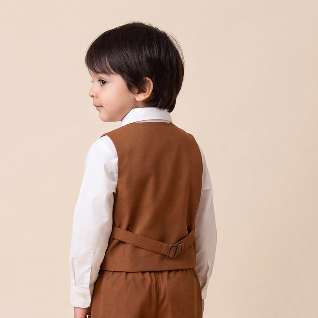 Toddler Boys Brown 3Pcs Outfit Set Shirt with Waist Coat and Pants Suit